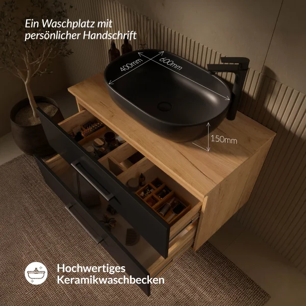 LUX 90 cm Vanity Cabinet in Gold Oak / Anthracite with Black Sink