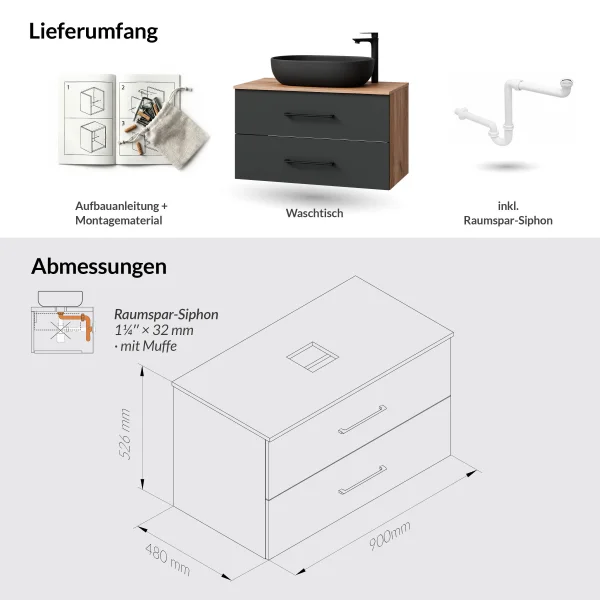 LUX 90 cm Vanity Cabinet in Gold Oak / Anthracite with Black Sink