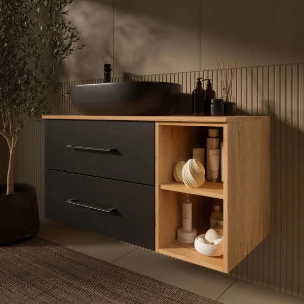 Mueble de lavabo LUX de 100 cm, roble dorado / antracita, con lavabo negro