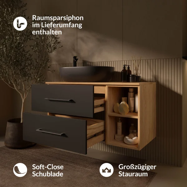 Mueble de lavabo LUX de 100 cm, roble dorado / antracita, con lavabo negro