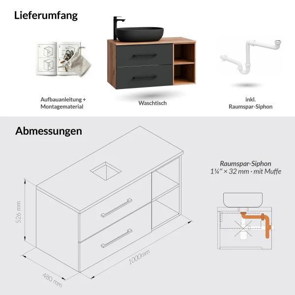 Mueble de lavabo LUX de 100 cm, roble dorado / antracita, con lavabo negro