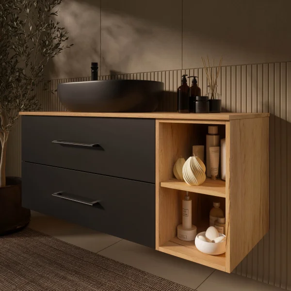 Meuble sous-lavabo LUX 120 cm, chêne doré / anthracite, avec lavabo noir