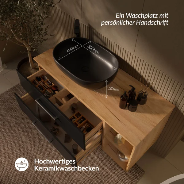 Meuble sous-lavabo LUX 120 cm, chêne doré / anthracite, avec lavabo noir