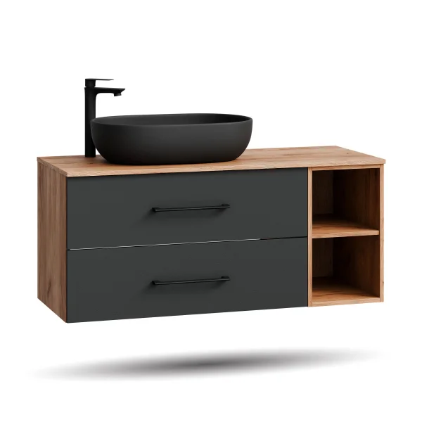 Meuble sous-lavabo LUX 120 cm, chêne doré / anthracite, avec lavabo noir