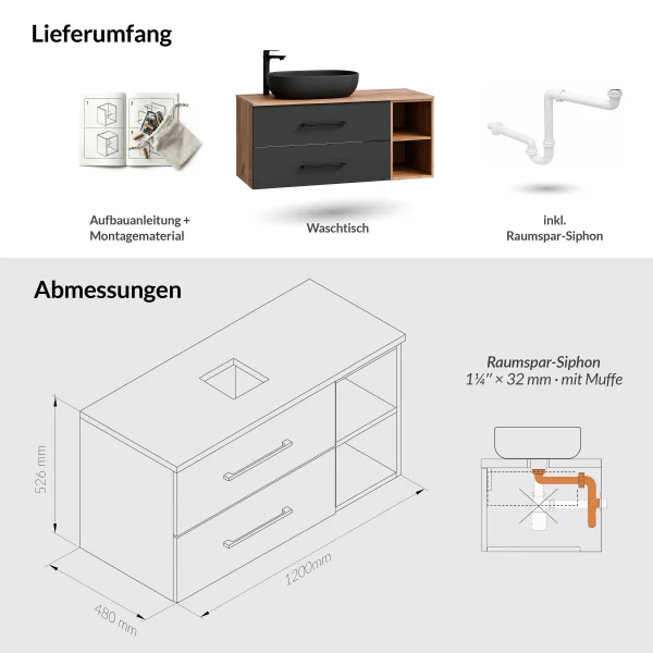 Meuble sous-lavabo LUX 120 cm, chêne doré / anthracite, avec lavabo noir