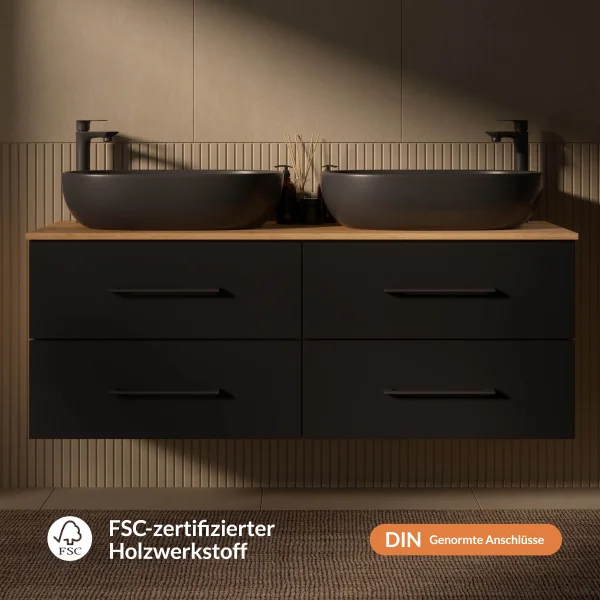 LUX 140 cm Vanity Cabinet in Gold Oak / Anthracite with 2 Black Sinks