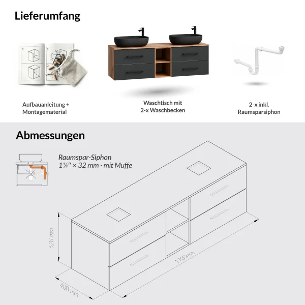 Mueble de lavabo LUX de 170 cm en roble dorado / antracita con 2 lavabos negros