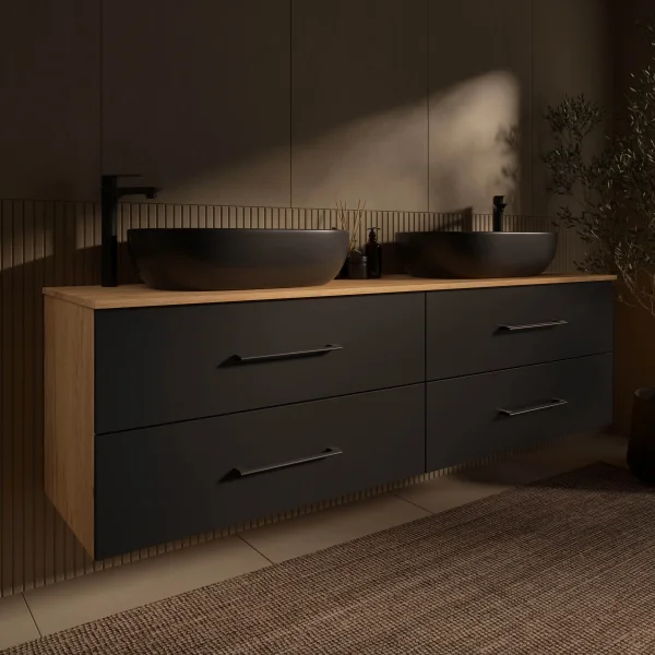 Meuble sous-lavabo LUX 180 cm, chêne doré / anthracite, avec 2 lavabos noirs
