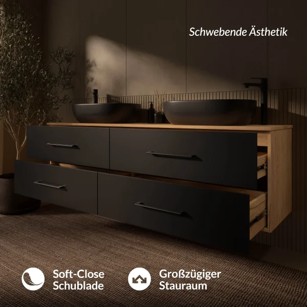 Meuble sous-lavabo LUX 180 cm, chêne doré / anthracite, avec 2 lavabos noirs