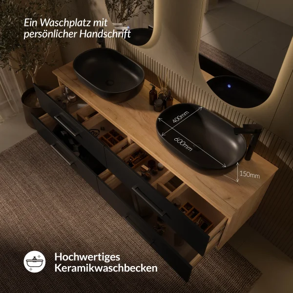 Meuble sous-lavabo LUX 180 cm, chêne doré / anthracite, avec 2 lavabos noirs