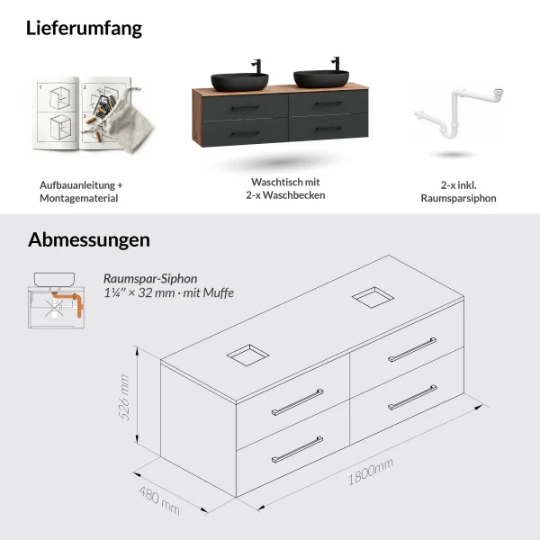 Meuble sous-lavabo LUX 180 cm, chêne doré / anthracite, avec 2 lavabos noirs