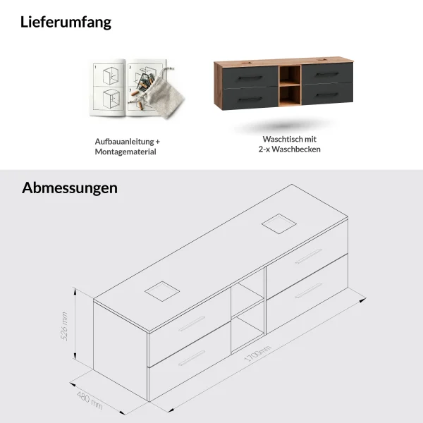 Waschtischunterschrank LUX 170 cm Gold Eiche / Anthrazit Ohne Waschbecken