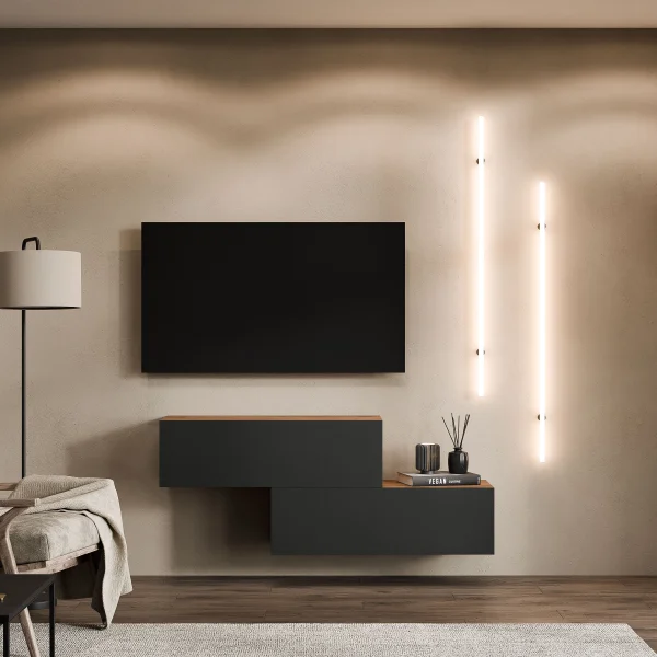 WEST TV-Board Set 2x 100 cm in Gold Eiche / Anthrazit - versetzt montierbar