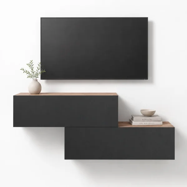 WEST TV-Board Set 2x 100 cm in Gold Eiche / Anthrazit - versetzt montierbar