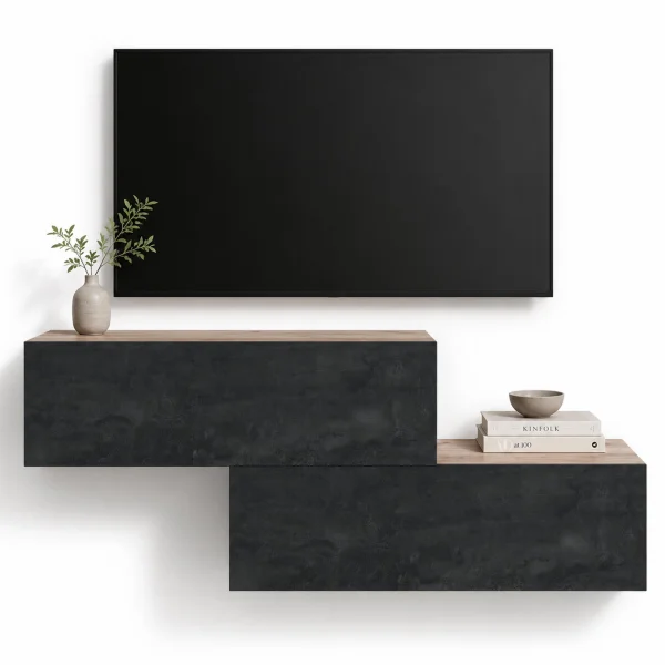 WEST TV-Board Set 2x 100 cm in Gold Eiche / Charcoal - versetzt montierbar