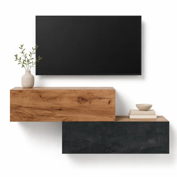 WEST TV Board Set (2 x 100 cm) in Gold Oak and Charcoal—can be mounted offset