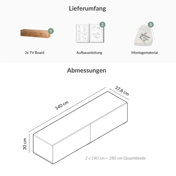 WEST TV-Board Set 2x 140 cm in Gold Eiche - versetzt montierbar