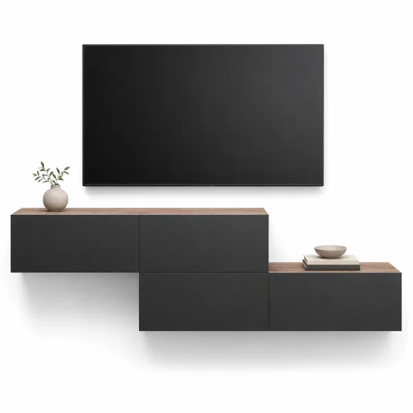 WEST TV-Board Set 2x 140 cm in Gold Eiche  / Anthrazit - versetzt montierbar