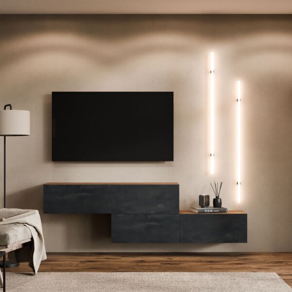 TV Lowboard WEST – 2×140 cm Gold Eiche/Schwarz Charcoal