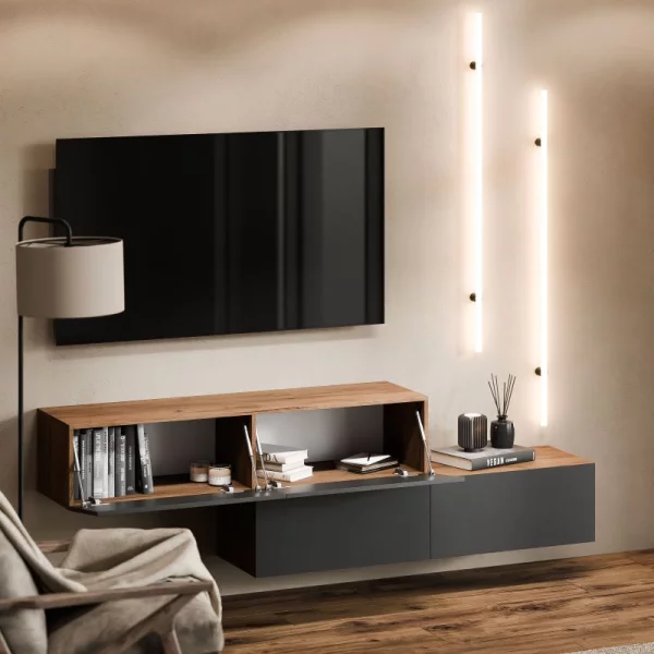 TV-Lowboard-Set – 2×140 cm Gold Eiche/Schwarz Charcoal