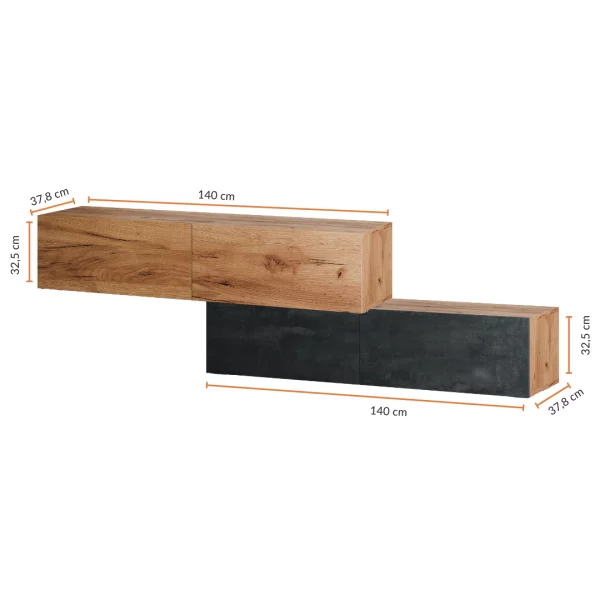 TV-Lowboard-Set – 2×140 cm Gold Eiche/Schwarz Charcoal
