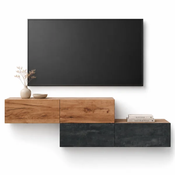 Conjunto de estantes WEST TV de 2 x 140 cm en roble dorado y gris carbón: se pueden montar de forma escalonada