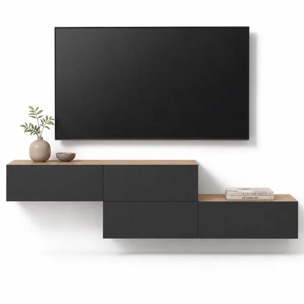 WEST TV-Board Set 2x 160 cm in Gold Eiche / Anthrazit - versetzt montierbar