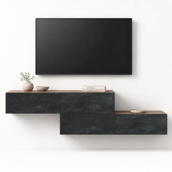 WEST TV Cabinet Set (2 x 160 cm) in Gold Oak / Charcoal – can be installed in a staggered configuration