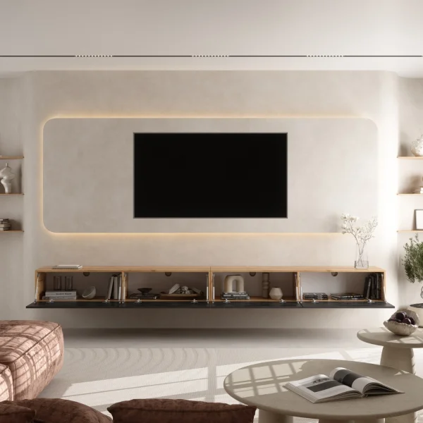 Meuble TV WEST Chêne doré / Noir Charcoal 320 cm (2 x 160 cm)