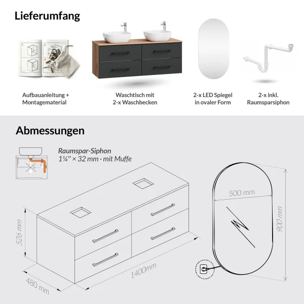 LUX Bathroom Furniture Set, 140 cm to 180 cm, with Sink and Mirror