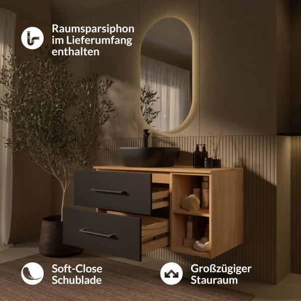Ensemble de meubles de salle de bains Planetmöbel LUX – 100 cm, chêne doré/anthracite, lavabo à poser 42 cm noir et miroir 50 cm (sans LED)