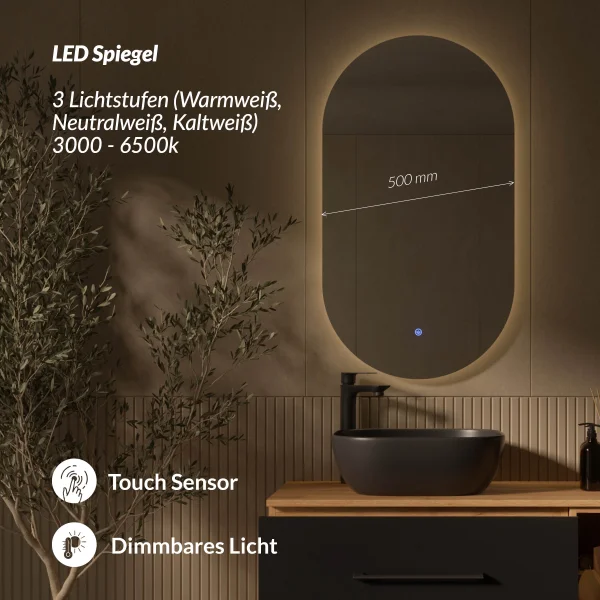 Ensemble de meubles de salle de bains Planetmöbel LUX – 100 cm, chêne doré/anthracite, lavabo à poser 42 cm noir et miroir 50 cm (sans LED)