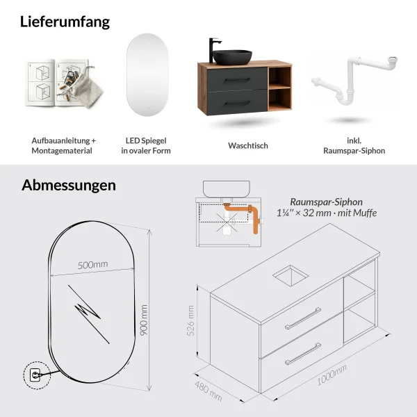 Ensemble de meubles de salle de bains Planetmöbel LUX – 100 cm, chêne doré/anthracite, lavabo à poser 42 cm noir et miroir 50 cm (sans LED)