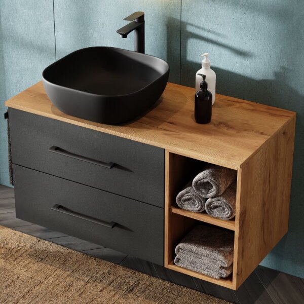 Planetmöbel LUX Badmöbel-Set – 100 cm Gold Eiche/Anthrazit, Aufsatzwaschbecken 42 cm schwarz & Spiegel 50 cm (ohne LED)