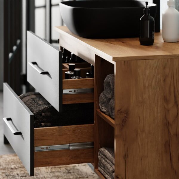 Planetmöbel LUX Badmöbel-Set – 100 cm Gold Eiche/Anthrazit, Aufsatzwaschbecken 42 cm schwarz & Spiegel 50 cm (ohne LED)