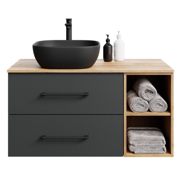 Planetmöbel LUX Badmöbel-Set – 100 cm Gold Eiche/Anthrazit, Aufsatzwaschbecken 42 cm schwarz & Spiegel 50 cm (ohne LED)