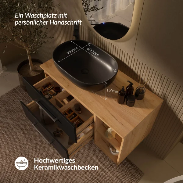 LUX Badmöbel-Set – 100 cm Gold Eiche/Anthrazit, Aufsatzwaschbecken 60 cm schwarz & LED Spiegel