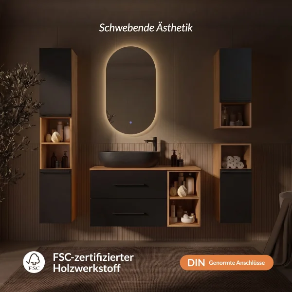 LUX Badmöbel-Set – 100 cm Gold Eiche/Anthrazit, Aufsatzwaschbecken 60 cm schwarz & LED Spiegel