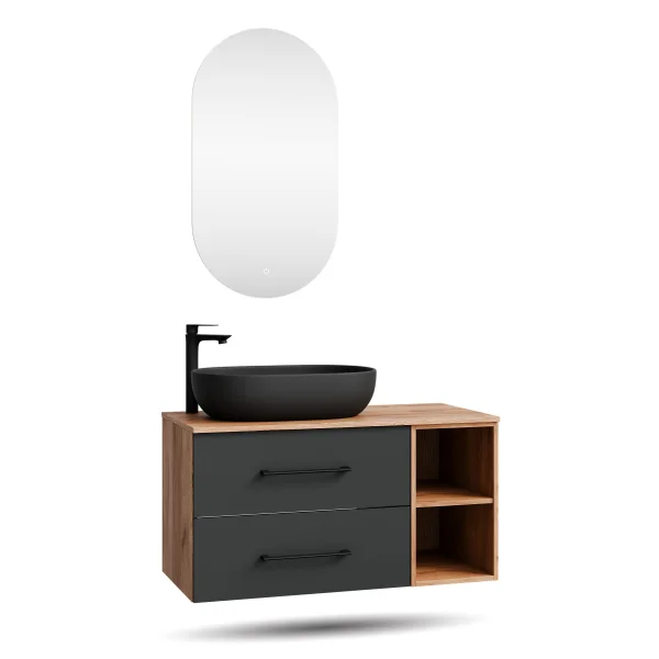 LUX Badmöbel-Set – 100 cm Gold Eiche/Anthrazit, Aufsatzwaschbecken 60 cm schwarz & LED Spiegel
