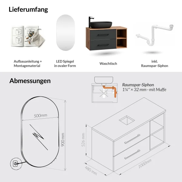 LUX Badmöbel-Set – 100 cm Gold Eiche/Anthrazit, Aufsatzwaschbecken 60 cm schwarz & LED Spiegel