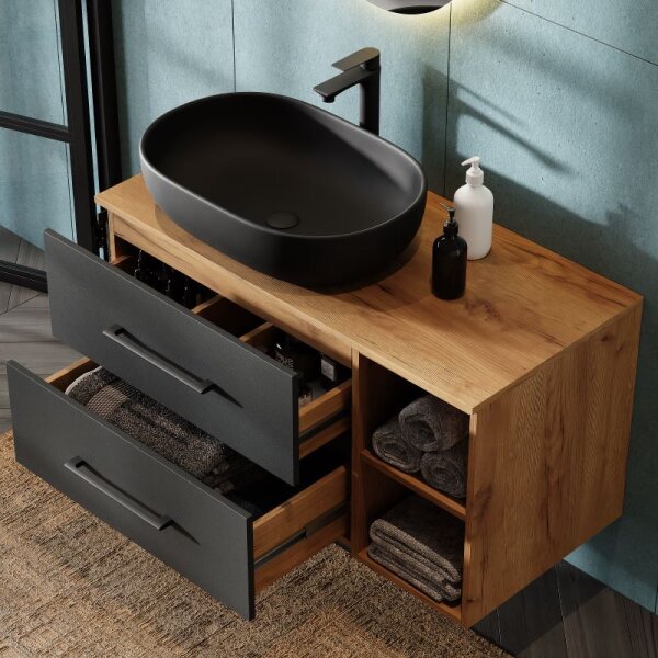 LUX Badmöbel-Set – 100 cm Gold Eiche/Anthrazit, Aufsatzwaschbecken 60 cm schwarz & Spiegel 50 cm (ohne LED)