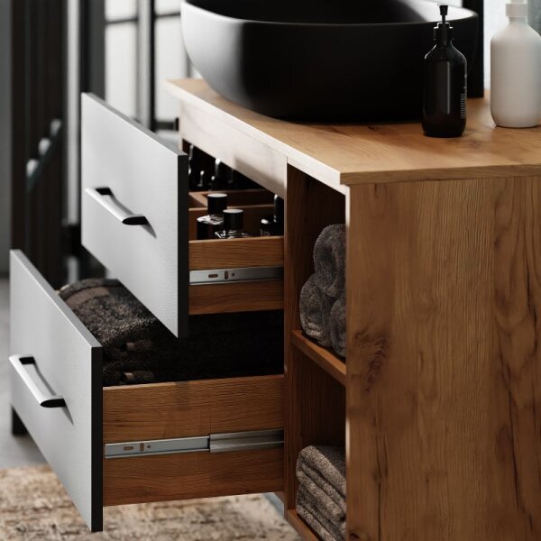 LUX Badmöbel-Set – 100 cm Gold Eiche/Anthrazit, Aufsatzwaschbecken 60 cm schwarz & Spiegel 50 cm (ohne LED)