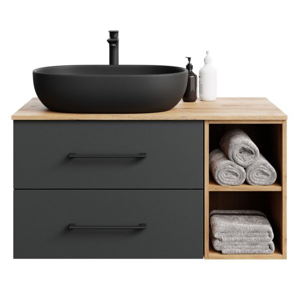 LUX Badmöbel-Set – 100 cm Gold Eiche/Anthrazit, Aufsatzwaschbecken 60 cm schwarz & Spiegel 50 cm (ohne LED)