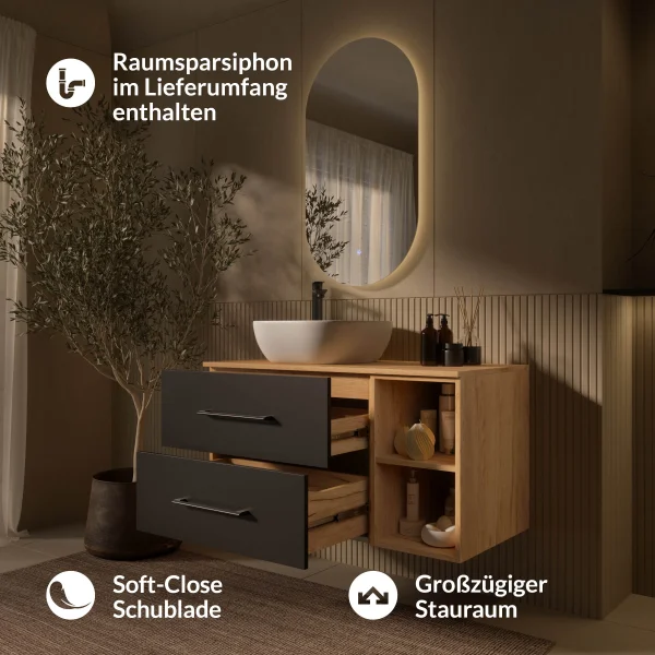 LUX Badmöbel-Set – 100 cm Gold Eiche/Anthrazit, Aufsatzwaschbecken 42 cm Weiß & LED Spiegel