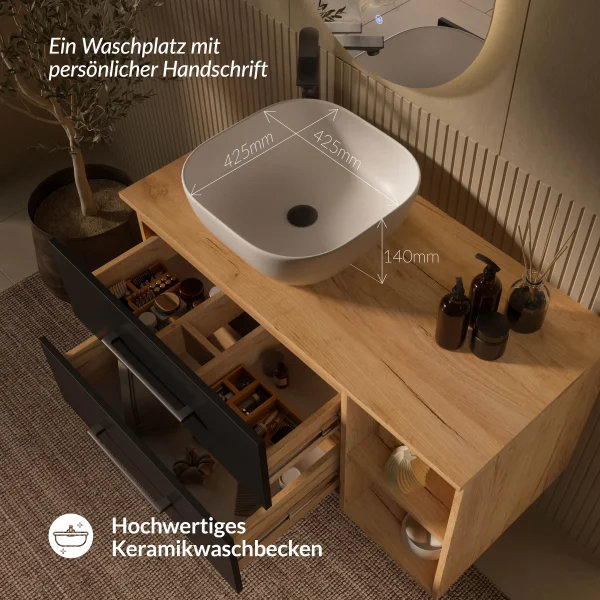 LUX Badmöbel-Set – 100 cm Gold Eiche/Anthrazit, Aufsatzwaschbecken 42 cm Weiß & LED Spiegel