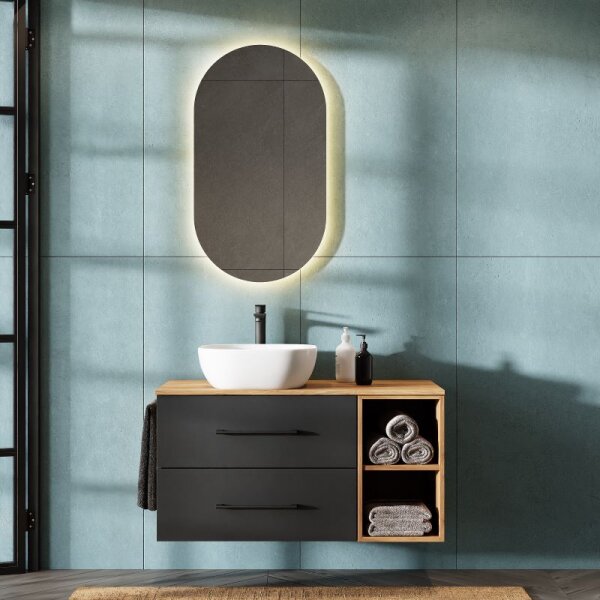 LUX Badmöbel-Set – 100 cm Gold Eiche/Anthrazit, Aufsatzwaschbecken 42 cm Weiß & Spiegel 50 cm (ohne LED)