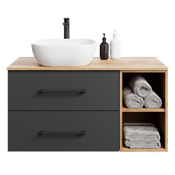LUX Badmöbel-Set – 100 cm Gold Eiche/Anthrazit, Aufsatzwaschbecken 42 cm Weiß & Spiegel 50 cm (ohne LED)