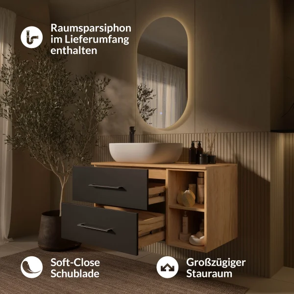 Ensemble de meubles de salle de bains LUX 100 cm avec lavabo blanc et miroir – Chêne anthracite/doré