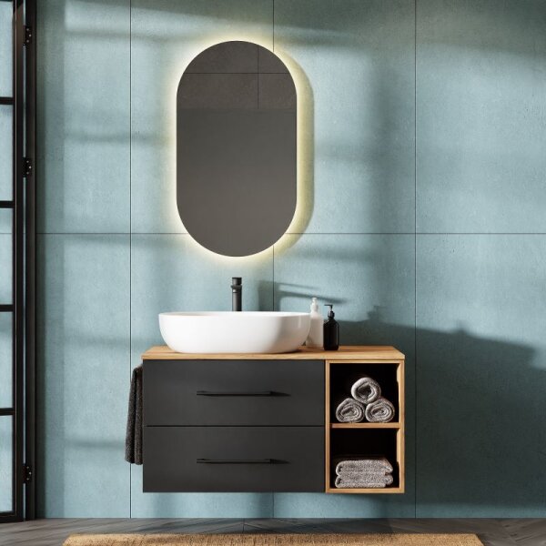 Bathroom Furniture Set LUX 100 cm with Washbasin White and Mirror – Anthracite/Golden Oak
