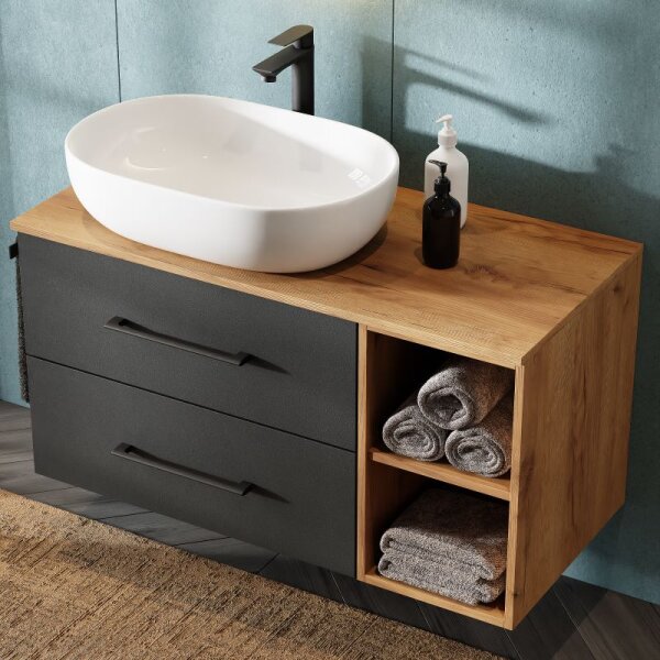 Bathroom Furniture Set LUX 100 cm with Washbasin White and Mirror – Anthracite/Golden Oak